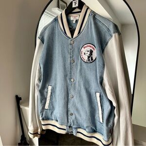 Budweiser Light Blue Denim and White Leather Varsity Jacket